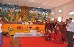 The Governor of Arunachal Pradesh Shri P.B. Acharya and State�s First Lady Smt Kavita Acharya with monks in the Pariyati Sasana Buddhist Vihara (Buddhist Temple) at Namsai on 5th August 2017. 